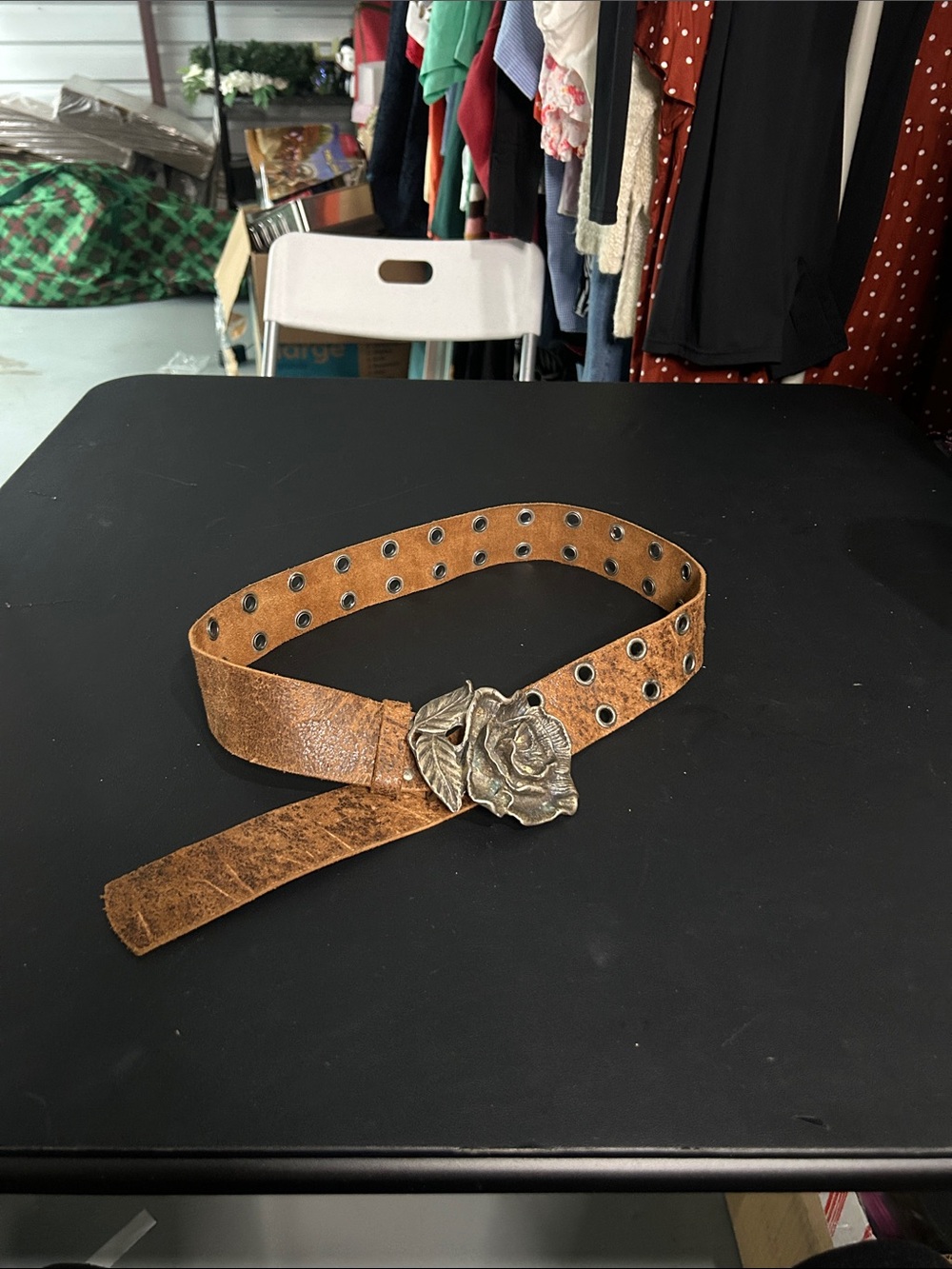VTG Brown Distressed Leather Belt with Floral Metal Buckle no tag measure large